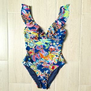 BCBG MaxAzria Women's Ruffle Strap Blue Floral Print One-Piece Swimsuit -Medium